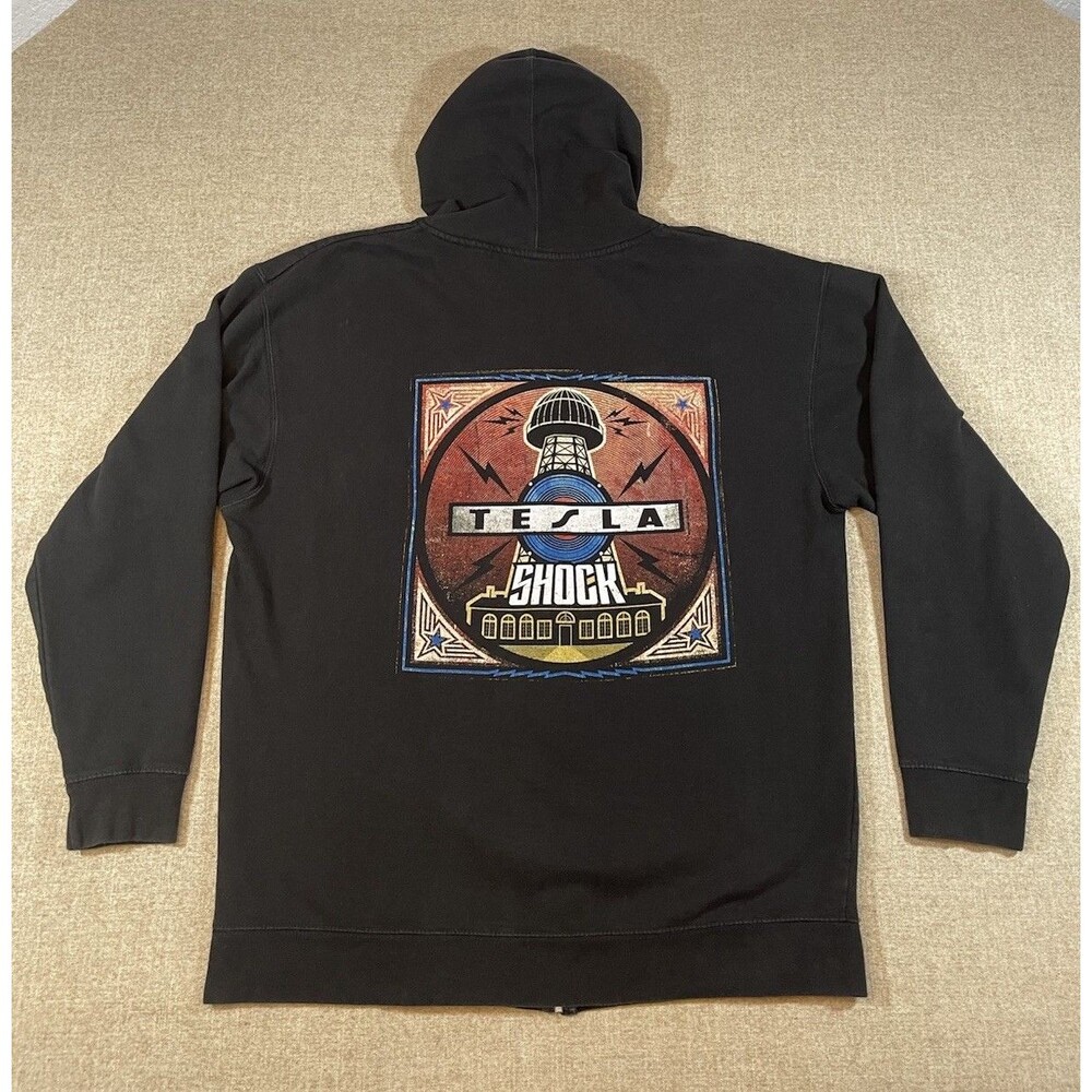 Tesla Shock Zip Up Hoodie Music Band Men’s Size L Large Black Casual